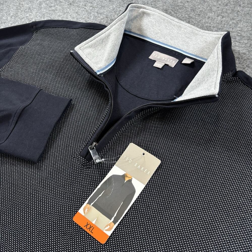 Ted Baker Men XXL Quarter Zip Sweatshirt Pullover Grey Black Textured Knit